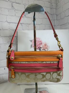 Coach Small Shoulder Bag Wristlet Pink Orange Leather Tan Canvas 3 Pockets 8x5in